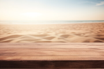 The empty wood table top with a blurred background of a sand beach