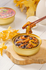 Special Chinese fast food minced pork and eggplant on simple background