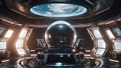 cockpit of a spaceship,  Inside of an alien space station observing planet earth from distant orbit.  