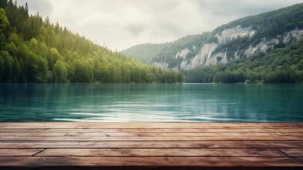 Fototapete Rund The empty wooden jetty in the foreground with a blurred background of Plitvice lakes © Fancy Imagination