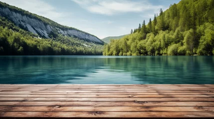 Poster The empty wooden jetty in the foreground with a blurred background of Plitvice lakes © Fancy Imagination
