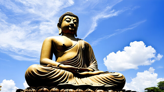 Buddha statue with blue sky and white cloud background