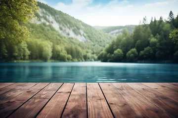 Schilderijen op glas The empty wooden jetty in the foreground with a blurred background of Plitvice lakes © Fancy Imagination