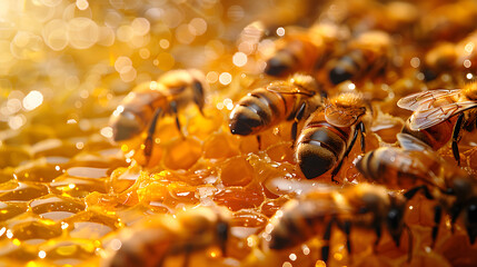 In this captivating image, bees are seen swarming around a rich reservoir of golden honey - obrazy, fototapety, plakaty