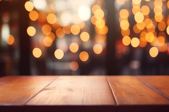 The empty wooden table top with a blurred background of a restaurant or cafe with bokeh