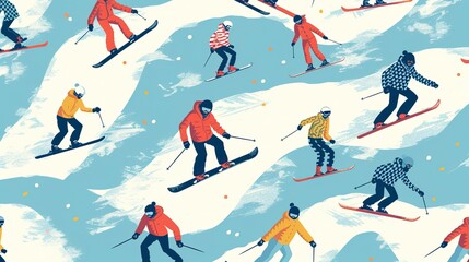 Snowboarders and skiers ride in the ski resort pattern Background
