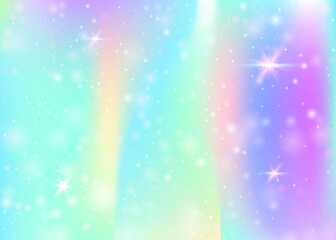 Holographic background with rainbow mesh. Cute universe banner in princess colors. Fantasy gradient backdrop with hologram. Holographic unicorn background with fairy sparkles, stars and blurs.