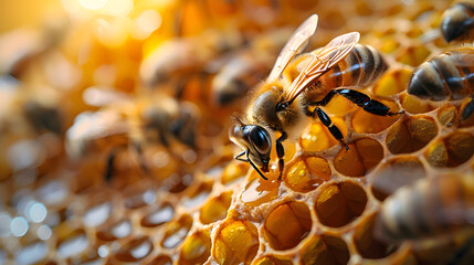 Honey and bees creating a buzz - obrazy, fototapety, plakaty