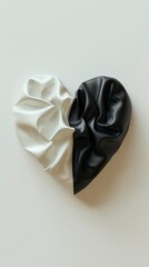 still life photo of a heart made of fabric half white and half black, on a white background
