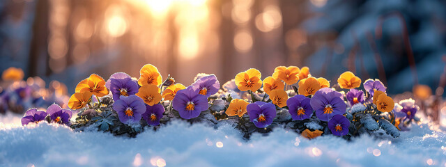 Spring flowers under the snow, floral banner