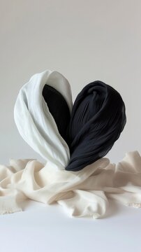 still life photo of a heart made of fabric half white and half black, on a white background