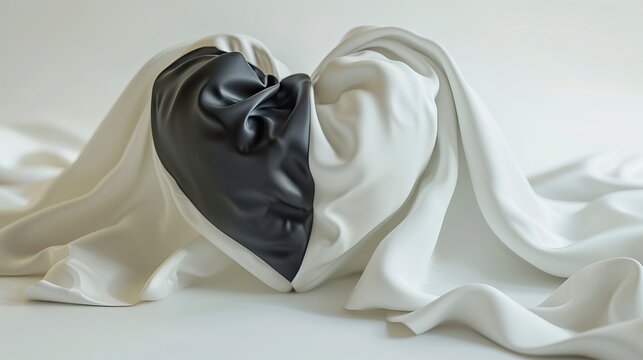 still life photo of a heart made of fabric half white and half black, on a white background