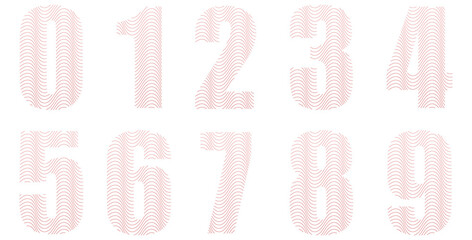 Set of numbers isolated on white. Alphabet with numbers. Vector graphic elements for design. Waves and lines. Red color. Colorful