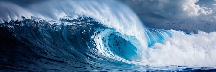 Fototapeta na wymiar Gigantic ocean wave crashing under clear blue sky, side view perspective with white foam