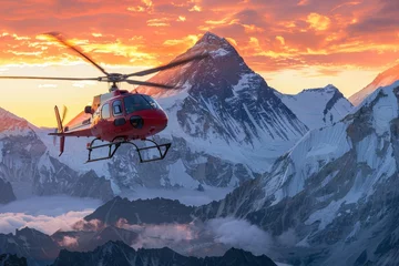 Papier Peint photo Himalaya A helicopter flying over mount Everest on sunrise
