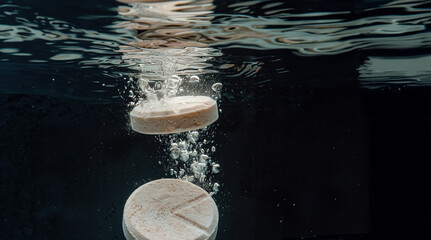 Suspended Effervescent Tablet Split in Water, High-Speed Capture created with Generative AI technology