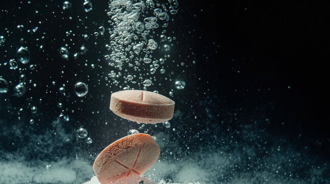 Suspended Effervescent Tablet Split in Water, High-Speed Capture created with Generative AI technology