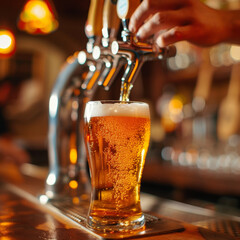 Fototapeta na wymiar Bartender pouring draft beer in glass