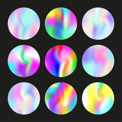 Hologram abstract backgrounds set. Holographic gradient. Stylish hologram backdrop. Minimalistic 90s, 80s retro style graphic template for brochure, banner, wallpaper, mobile screen.