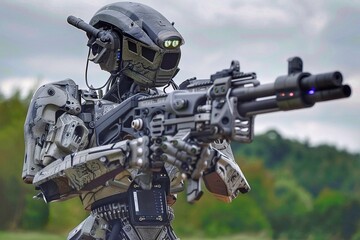 Close-up of a military robot with a mechanical machine gun in his hands in action outdoors.