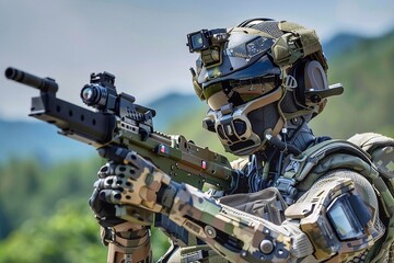 Military modern cyborg in camouflage with rifle in action