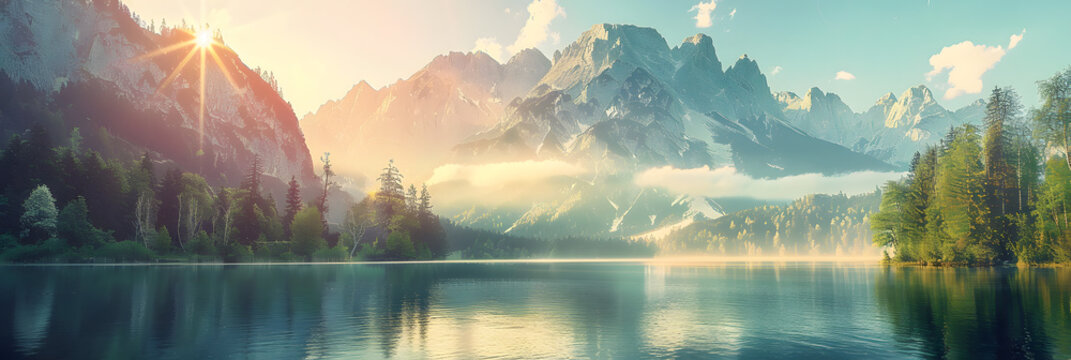 Impressive Summer Sunrise On Eibsee Lake With Zugspitze Mountain Range Sunny Outdoor Scene In German Alps Bavaria Germany Europe Beauty Of Nature Concept Background