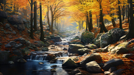 Autumn creek woodland with sunny yellow trees - obrazy, fototapety, plakaty