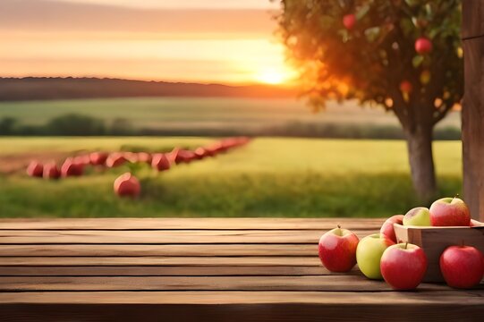 Closeup of freshly harvested organic red and green apples on a wooden table at a rural apple farm field. Apple garden. Autumn and harvest concept. National Apple Day October 21
