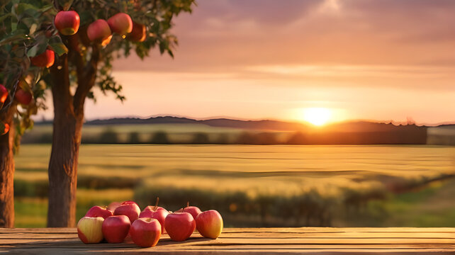 Closeup of freshly harvested organic red and green apples on a wooden table at a rural apple farm field. Apple garden. Autumn and harvest concept. National Apple Day October 21 - Powered by Adobe