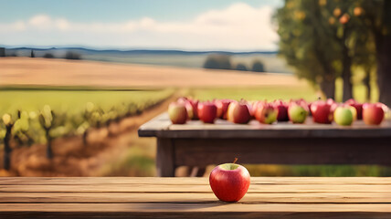 Close up of freshly harvested organic red apples on a wooden table at a rural apple farm field. Apple garden. Autumn and harvest concept. National Apple Day October 21