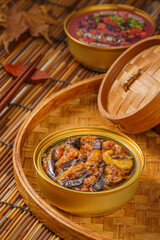Special Chinese fast food minced pork and eggplant on simple background