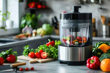 Juicer with assorted vegetables on a modern kitchen - An electric juicer is surrounded by an assortment of fresh vegetables ready to be juiced in a modern, stainless steel kitchen environment for a nu - obrazy, fototapety, plakaty