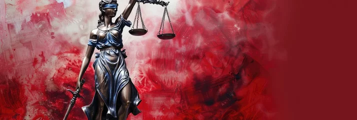 Fotobehang Lady Justice in red artistic interpretation - Lady Justice is portrayed in an artistic rendition against a red, chaotic background, invoking a sense of urgency and action © Mickey