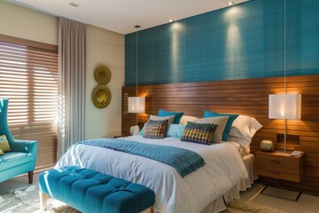 Luxurious bedroom with stylish interior - A chic and elegant bedroom with sophisticated furnishings and calming blue tones
