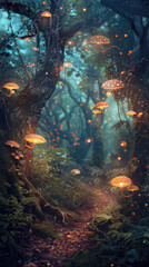 Magical pathway with glowing mushrooms in forest - A captivating scene of a forest pathway lined with glowing mushrooms, creating a sense of wonder and magic in a natural environment