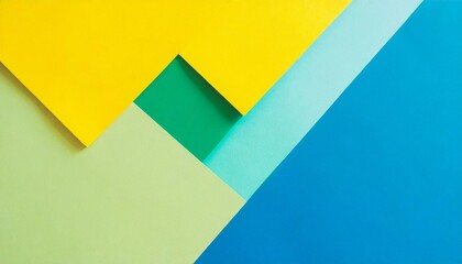 Abstract color papers geometry flat lay composition banner background with blue, yellow and green color tones 