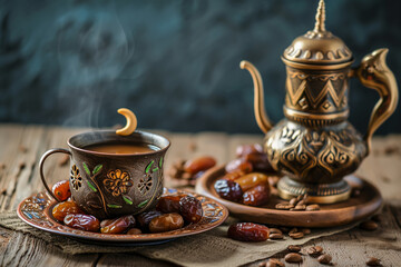 Arabic coffee and dates, Dallah with crescent moon, Ramadan background 