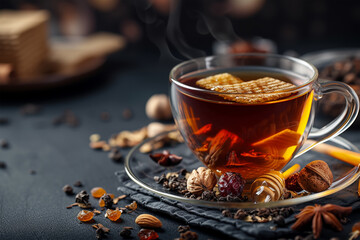Black tea in a glass cup with honey dried fruits  - obrazy, fototapety, plakaty