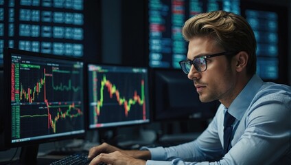 Young Handsome Stock Exchange Broker Working on Computer, Researching Real-Time Stocks Data, Analyzing Commodities and Exchange Market Charts. Professional Investment Agent in Office - obrazy, fototapety, plakaty
