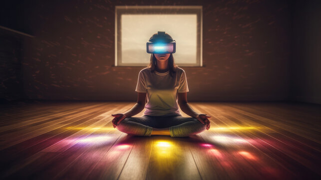 A woman meditates in virtual reality, illuminated by vibrant lights