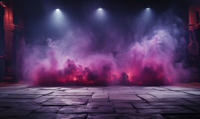 Ruined ancient hall with neon smoke background. Abandoned 3d blank stone purple room in magical ruins with backlight and rays of light from ceiling - obrazy, fototapety, plakaty