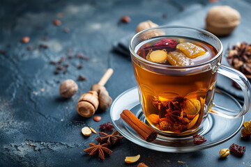 Black tea in a glass cup with honey dried fruits  - obrazy, fototapety, plakaty