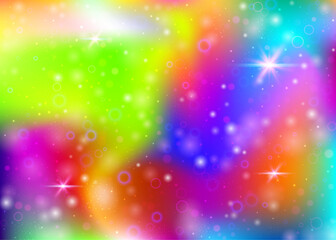 Fototapeta na wymiar Magic background with rainbow mesh. Girlish universe banner in princess colors. Fantasy gradient backdrop with hologram. Holographic magic background with fairy sparkles, stars and blurs.