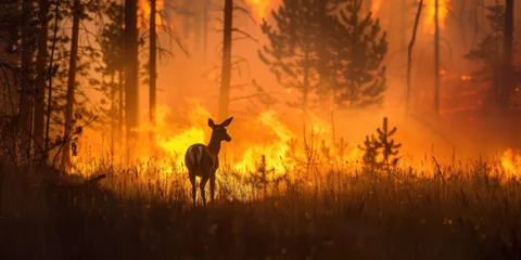 Fototapeten International Firefighters Day, silhouette of a deer against the background of a burning forest, forest fires, rescue of wild animals, environmental disaster © Svetlana Leuto