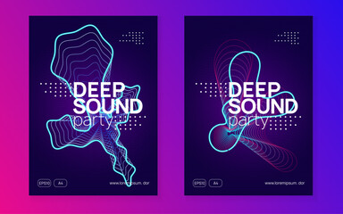 Music fest. Geometric concert magazine set. Dynamic fluid shape and line. Music fest neon flyer. Electro dance. Electronic trance sound. Techno dj party. Club event poster.