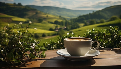 Cup of coffee on the wooden table and the plantation background
