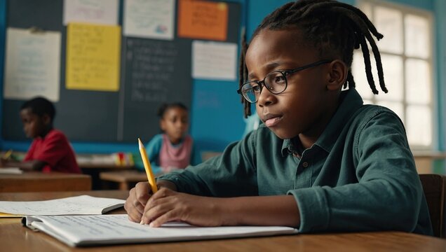 Smart Little Black Boy with Dreadlocks Sitting Behind a Desk with a Laptop Computer in Primary School, Young Attentive African Man Writing Down Notes, Working on an Online Exercise