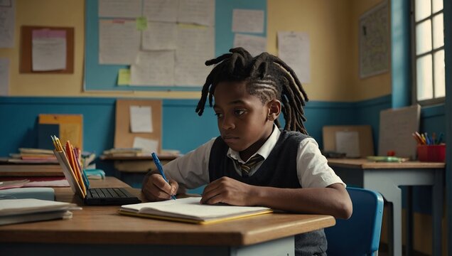 Smart Little Black Boy with Dreadlocks Sitting Behind a Desk with a Laptop Computer in Primary School, Young Attentive African Man Writing Down Notes, Working on an Online Exercise