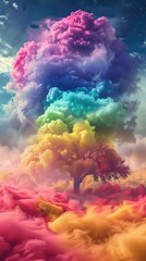 The image features a mesmerizing scene where clouds in the sky are vividly colored in a gradient ranging from pink at the top to dark blue at the bottom with a transition through purple, blue, green,  - obrazy, fototapety, plakaty