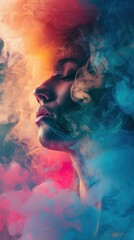 A side profile of a person with visible features such as nose, lips, and closed eye, all of which are partially enveloped in swirling smoke or vapor. The smoke has vibrant shades of red and blue, whic